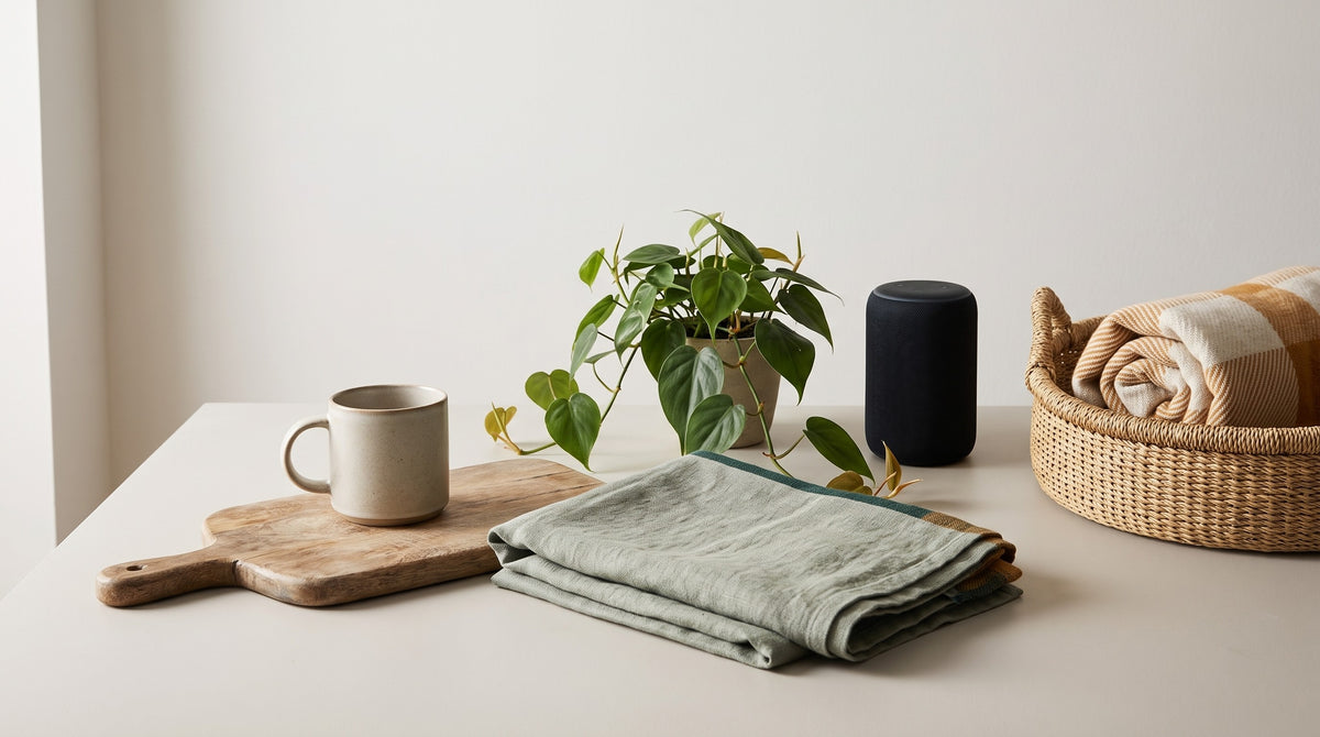 Everyday pieces for the kitchen, bedroom and home arranged on a table