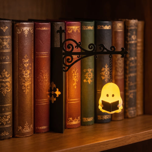 Bookshelf lantern glowing warm amber between rows of old leather books