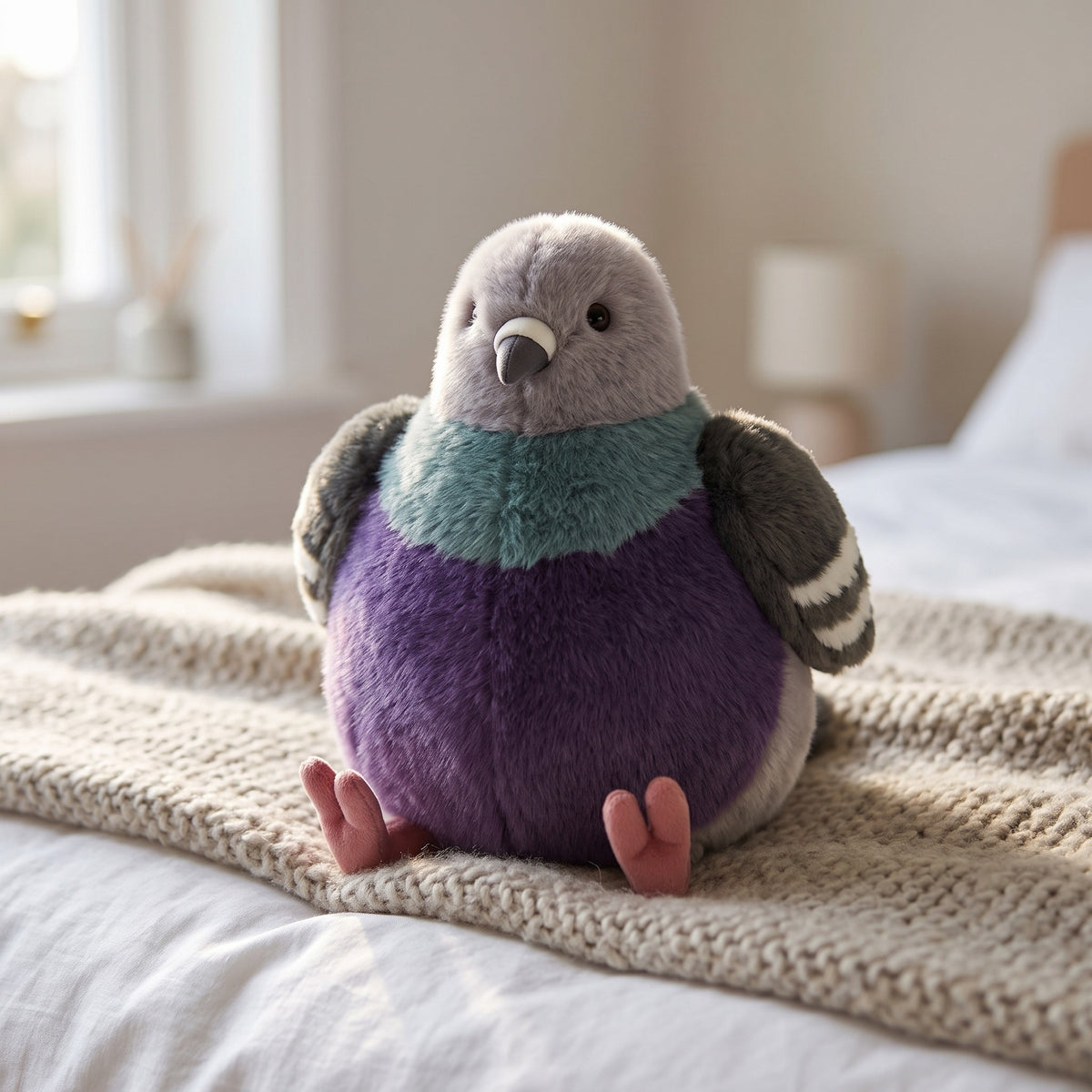 Fluffy pigeon plush toy sitting on a bed with a knitted blanket