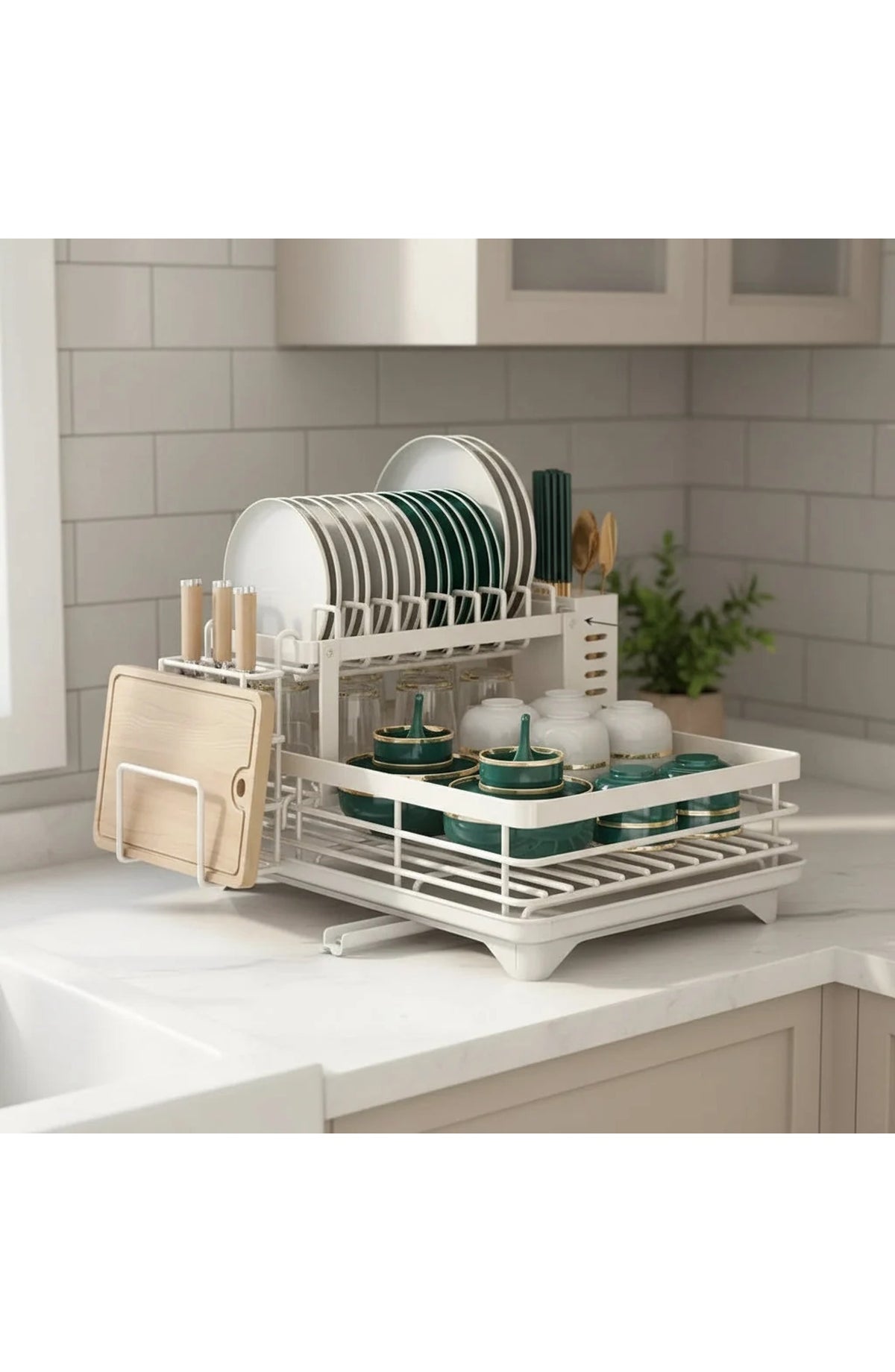 Foldable Stainless Steel Dish Rack - White Two Tier Set