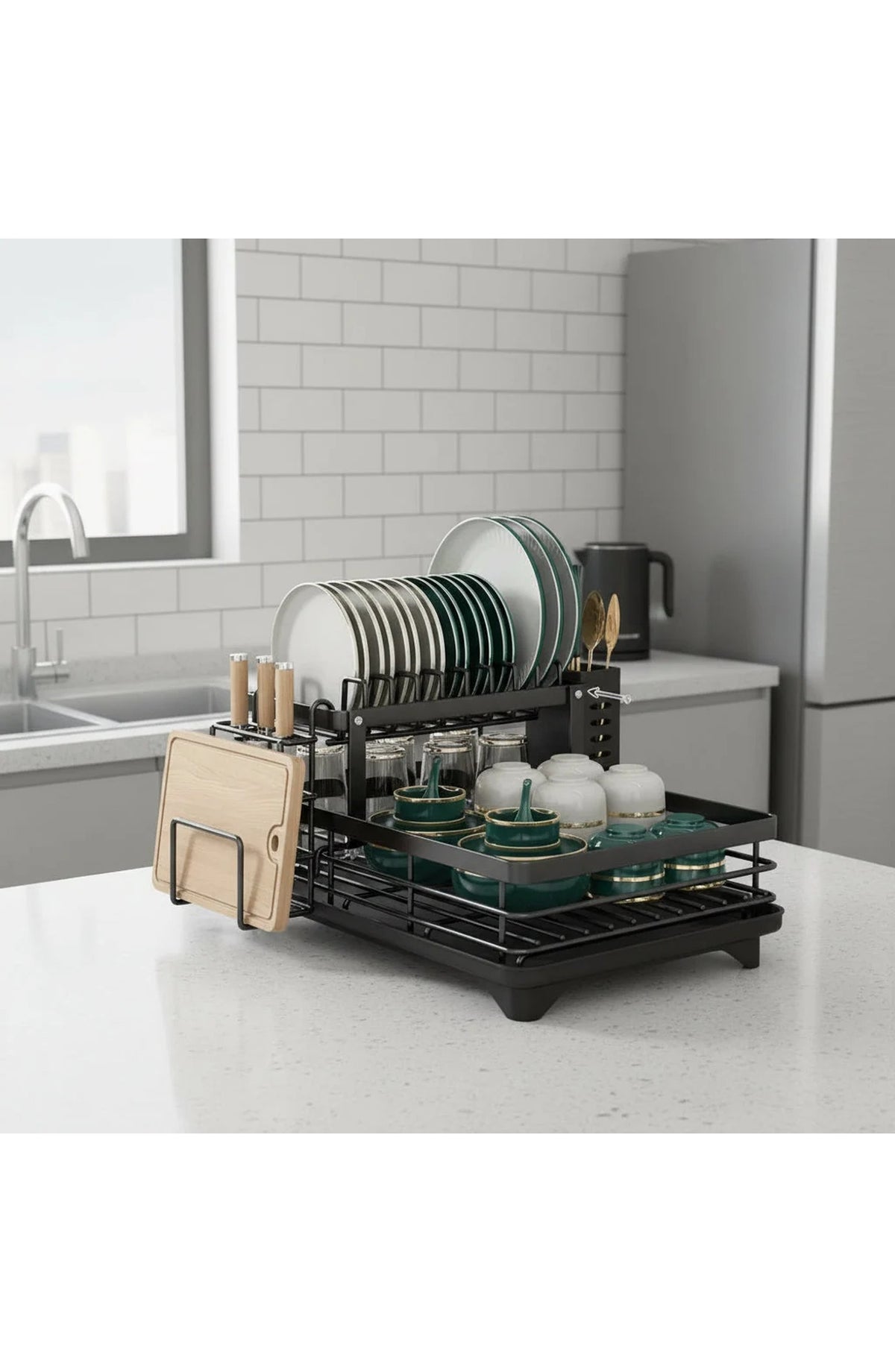 Foldable Stainless Steel Dish Rack - Black Two Tier Set