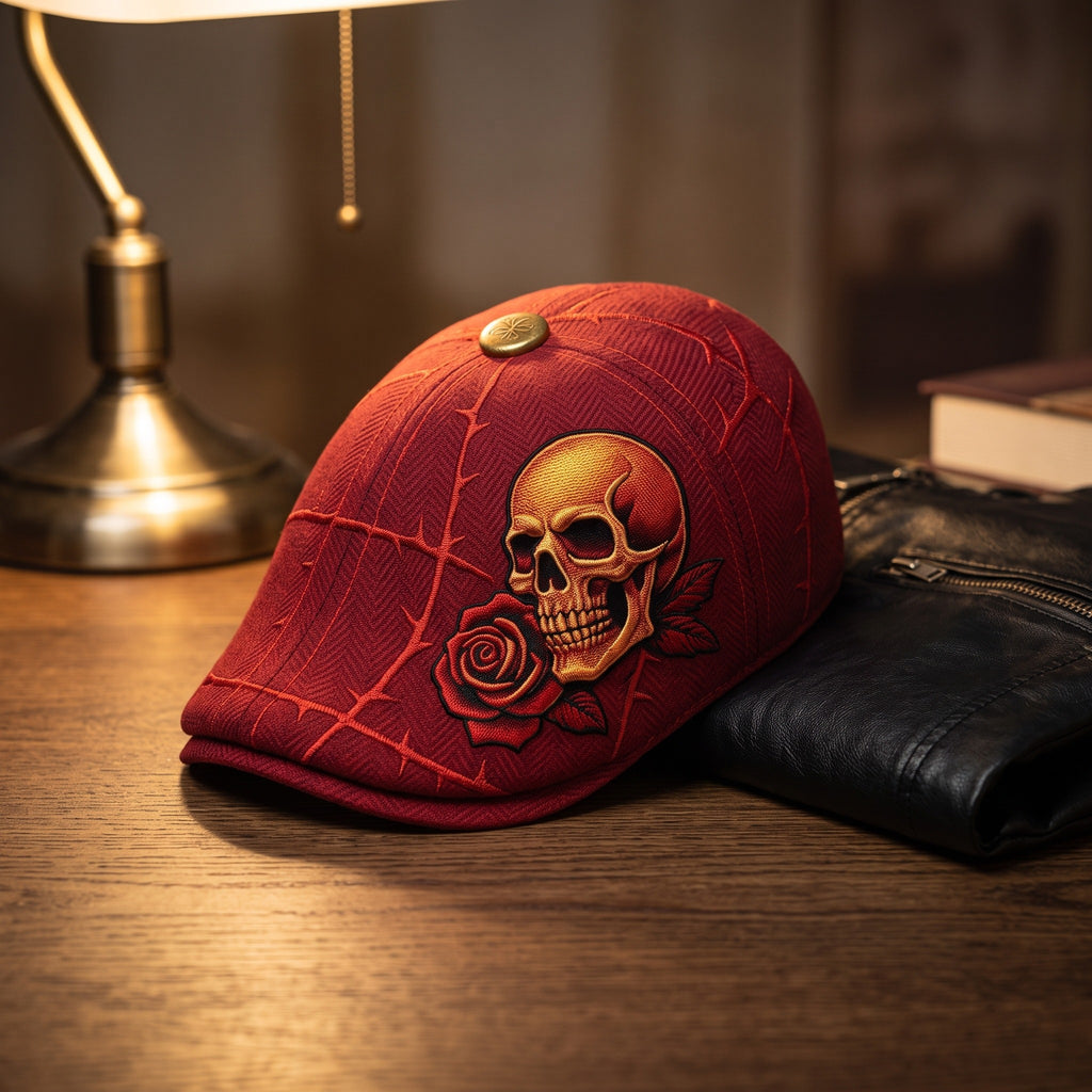 Embroidered flat cap resting on a dark oak table beside a leather jacket