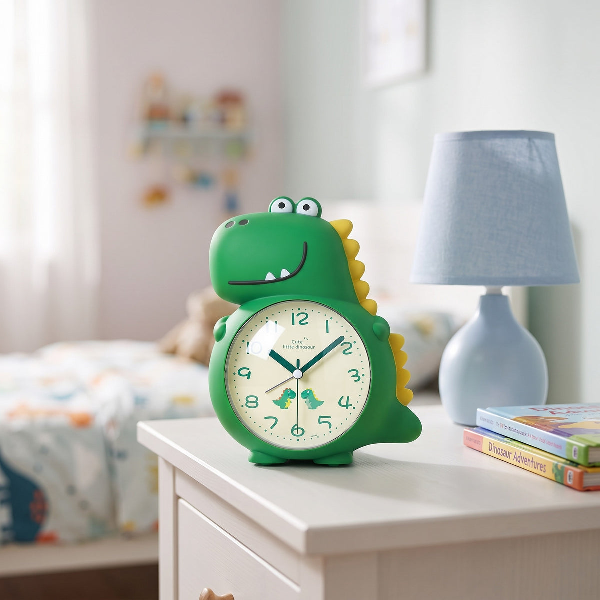 Green dinosaur alarm clock on a bedside table in a child's bedroom