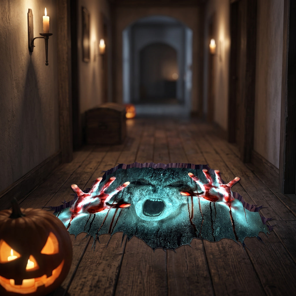 3D floor mat with a screaming ghoul illusion in a candlelit hallway
