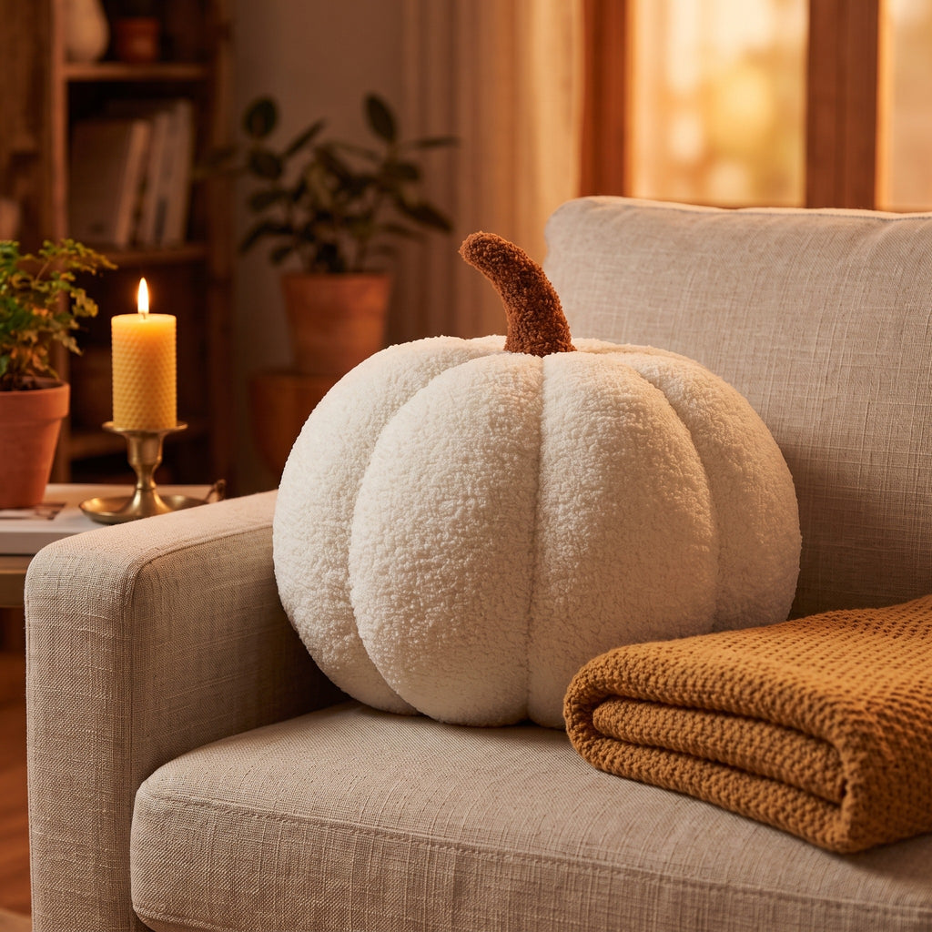 Pumpkin print plush cushion propped against a sofa arm in the evening