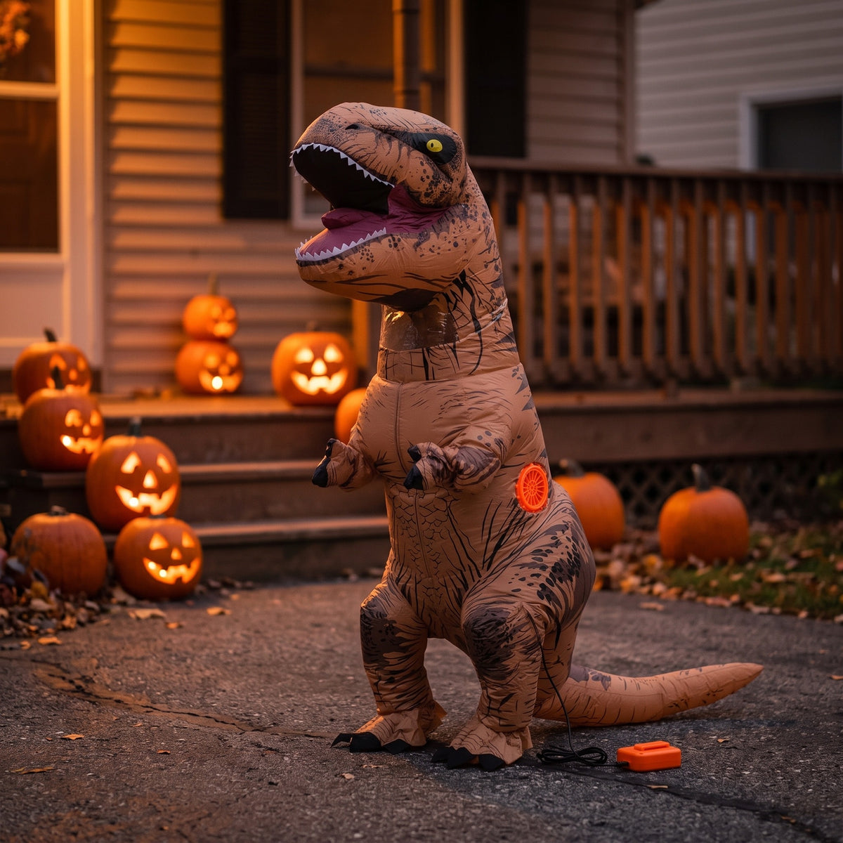 Inflatable T-Rex dinosaur costume standing on a driveway at dusk