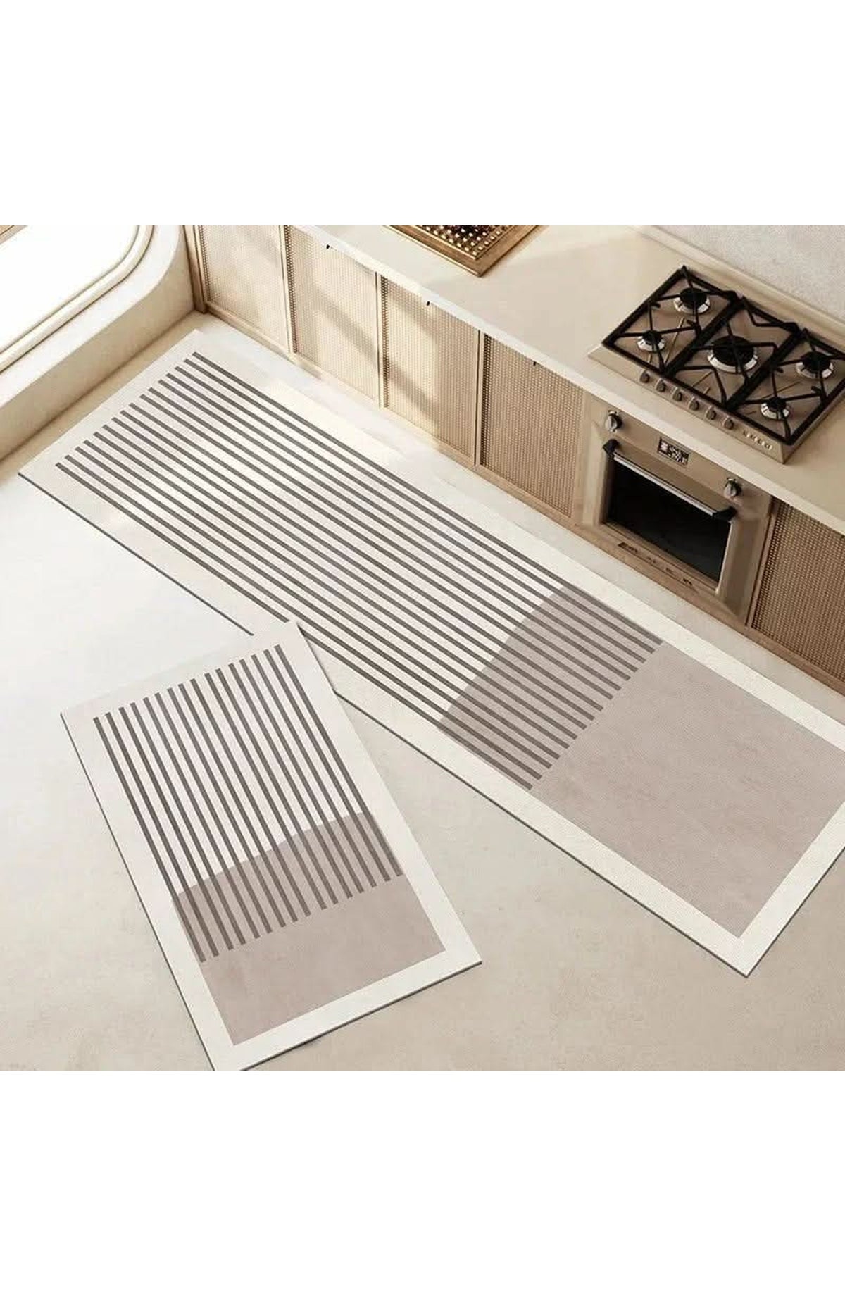 Kitchen Floor Mat in Five Line Designs - Beige Stripes