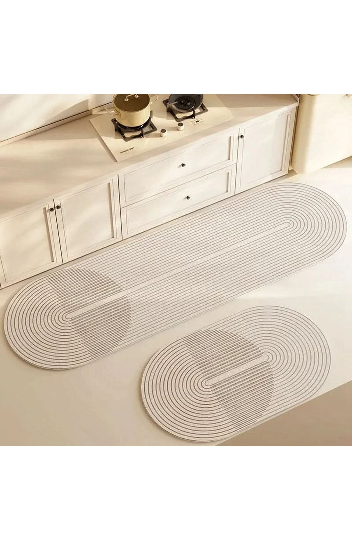 Kitchen Floor Mat in Five Line Designs - Cream Arcs Oval