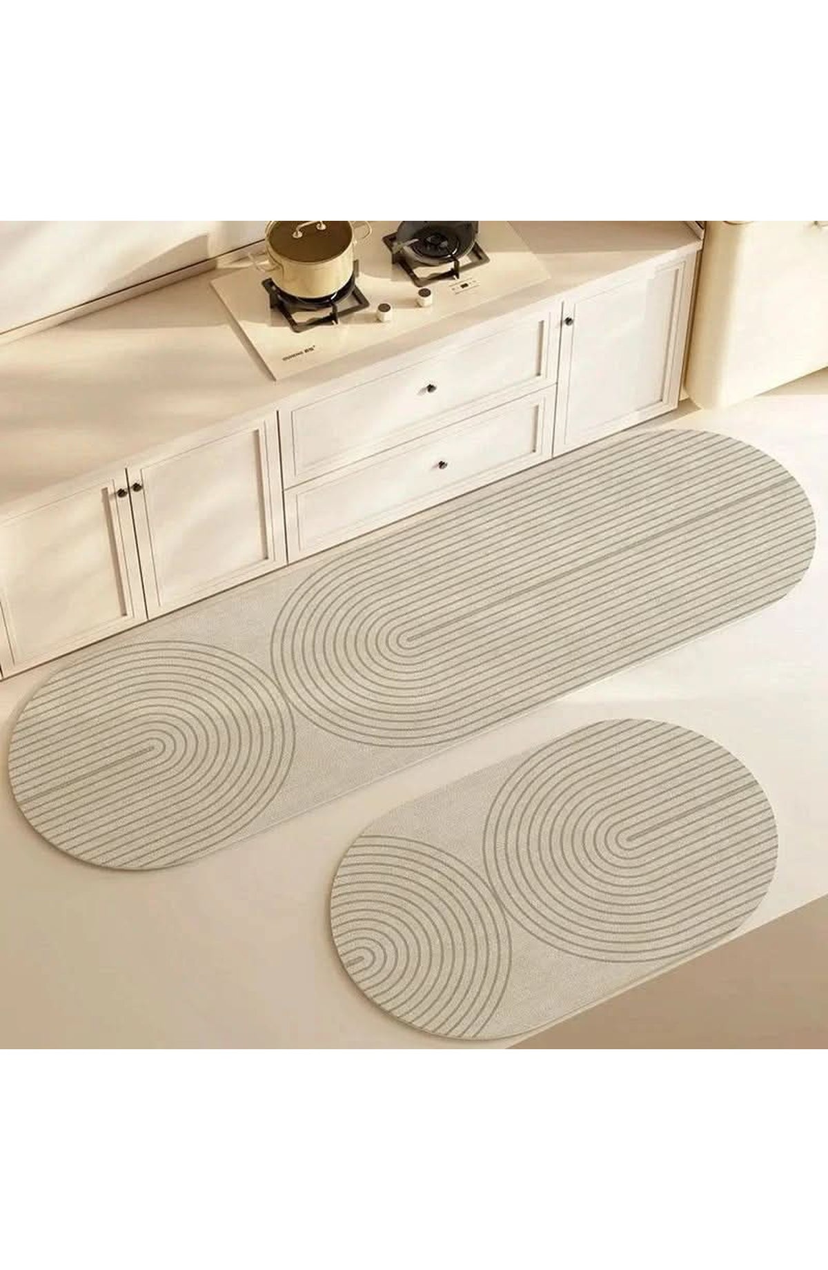 Kitchen Floor Mat in Five Line Designs - Grey Arcs Oval