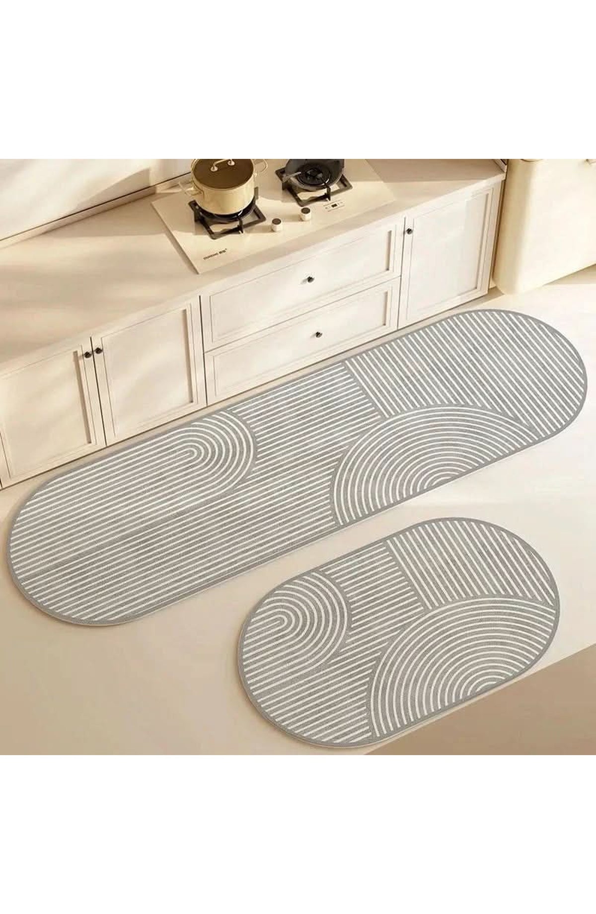 Kitchen Floor Mat in Five Line Designs - Blue-Grey Arcs Oval
