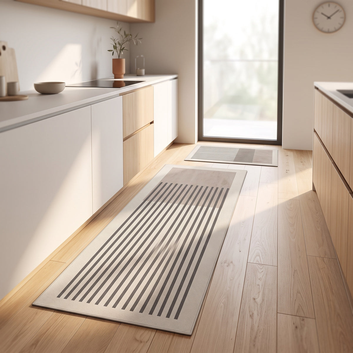 Beige striped kitchen floor mats in front of a bright kitchen counter