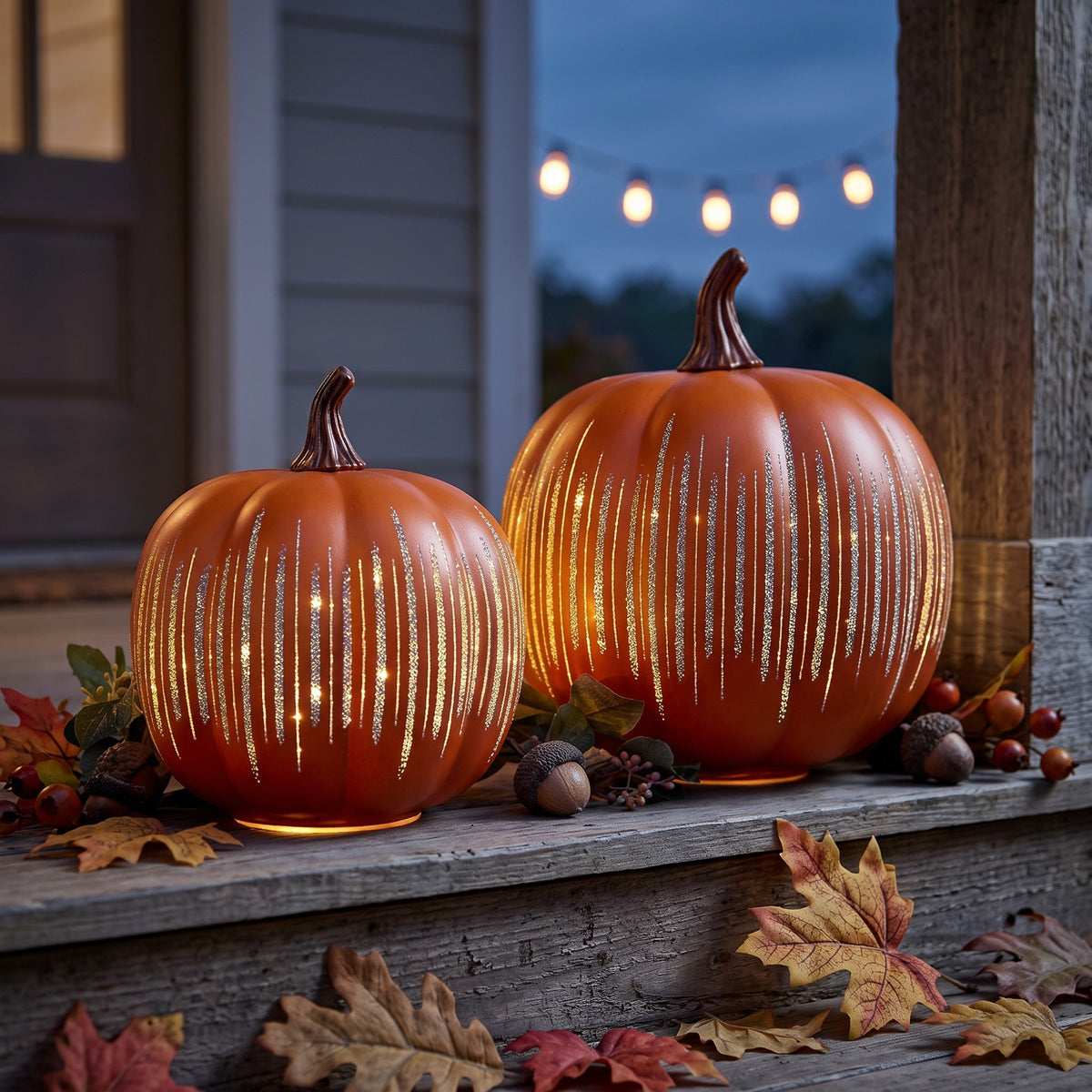 Two orange pumpkin lanterns with sparkling stripes glowing on a porch step at dusk