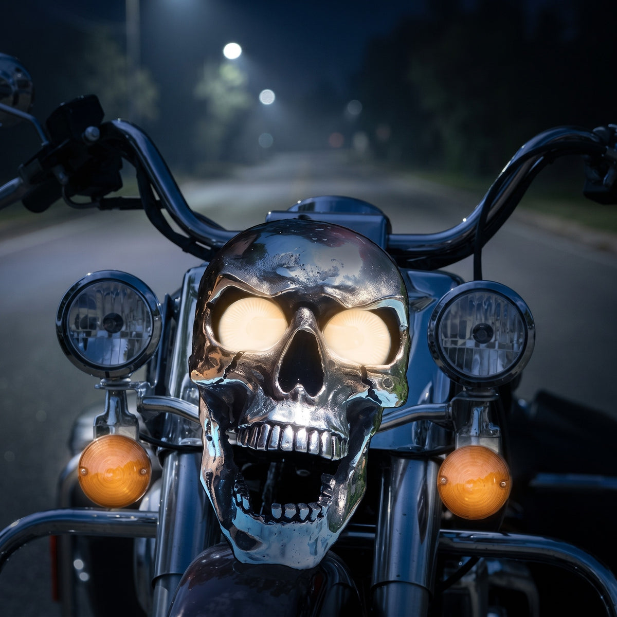 Chrome skull headlight mounted on a cruiser motorcycle at night