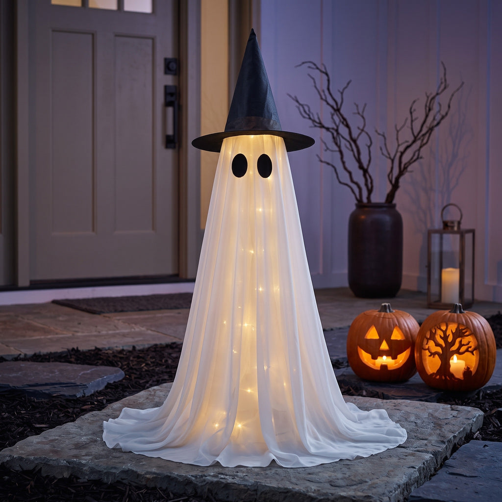 Light-up ghost figure with a black witch hat standing on a porch at dusk