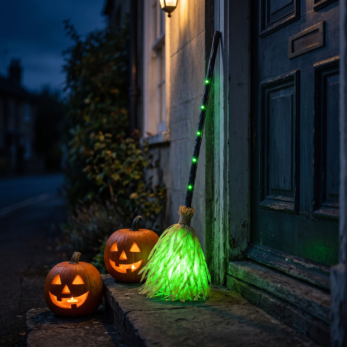 Straw witch broom glowing green, propped against a dark front door at night