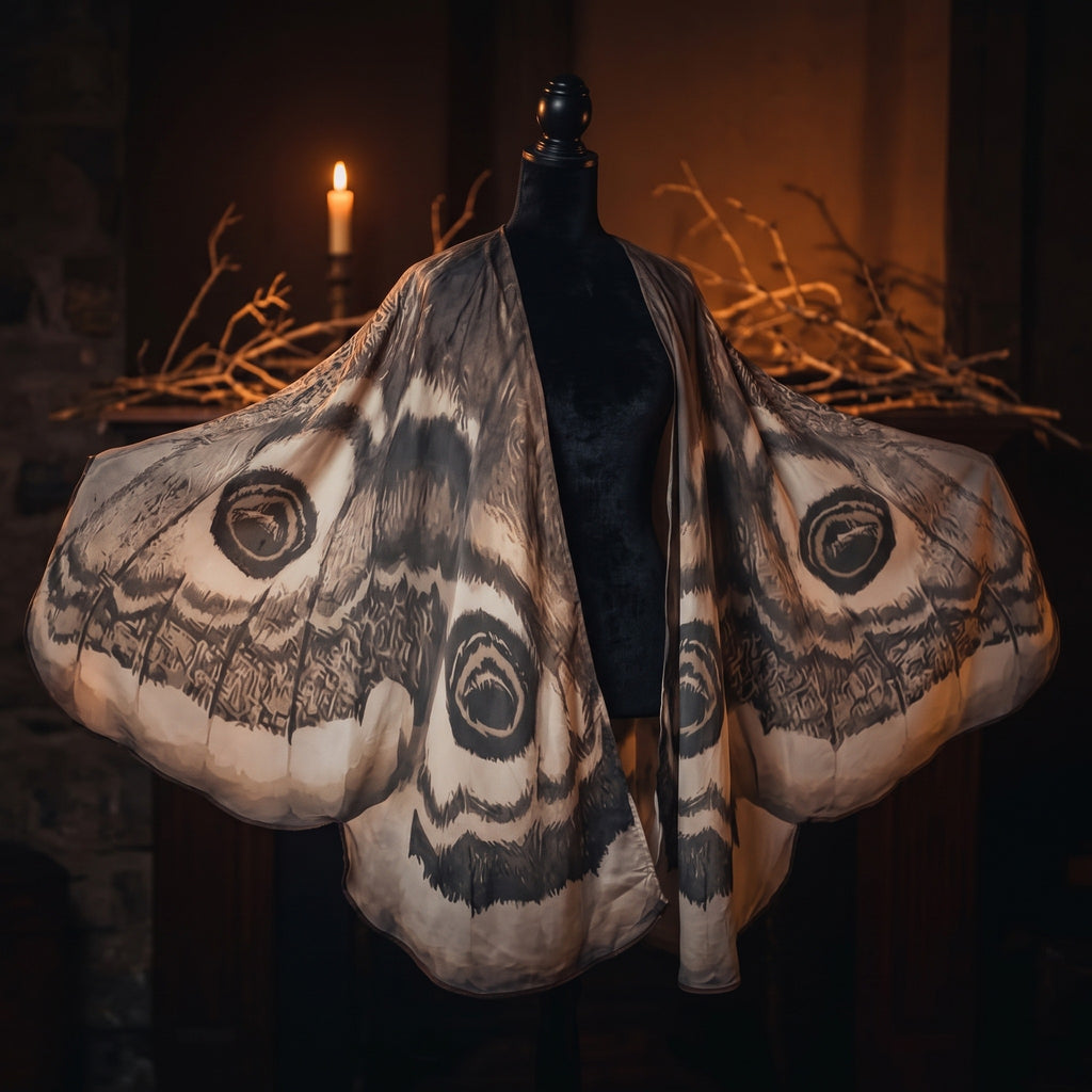 Moth wing chiffon cape displayed on a dark mannequin bust at dusk