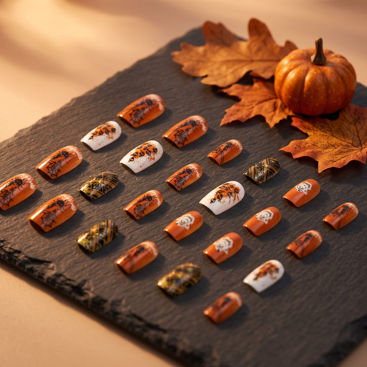Orange and white Halloween press-on nails laid out on a dark slate slab