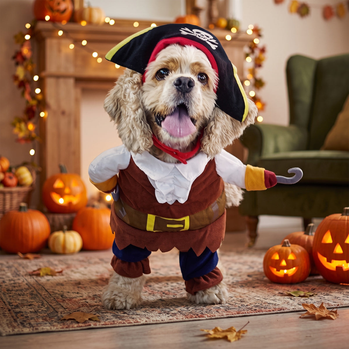 Dog in a pirate costume with hat and plush arms in a living room decorated for Halloween
