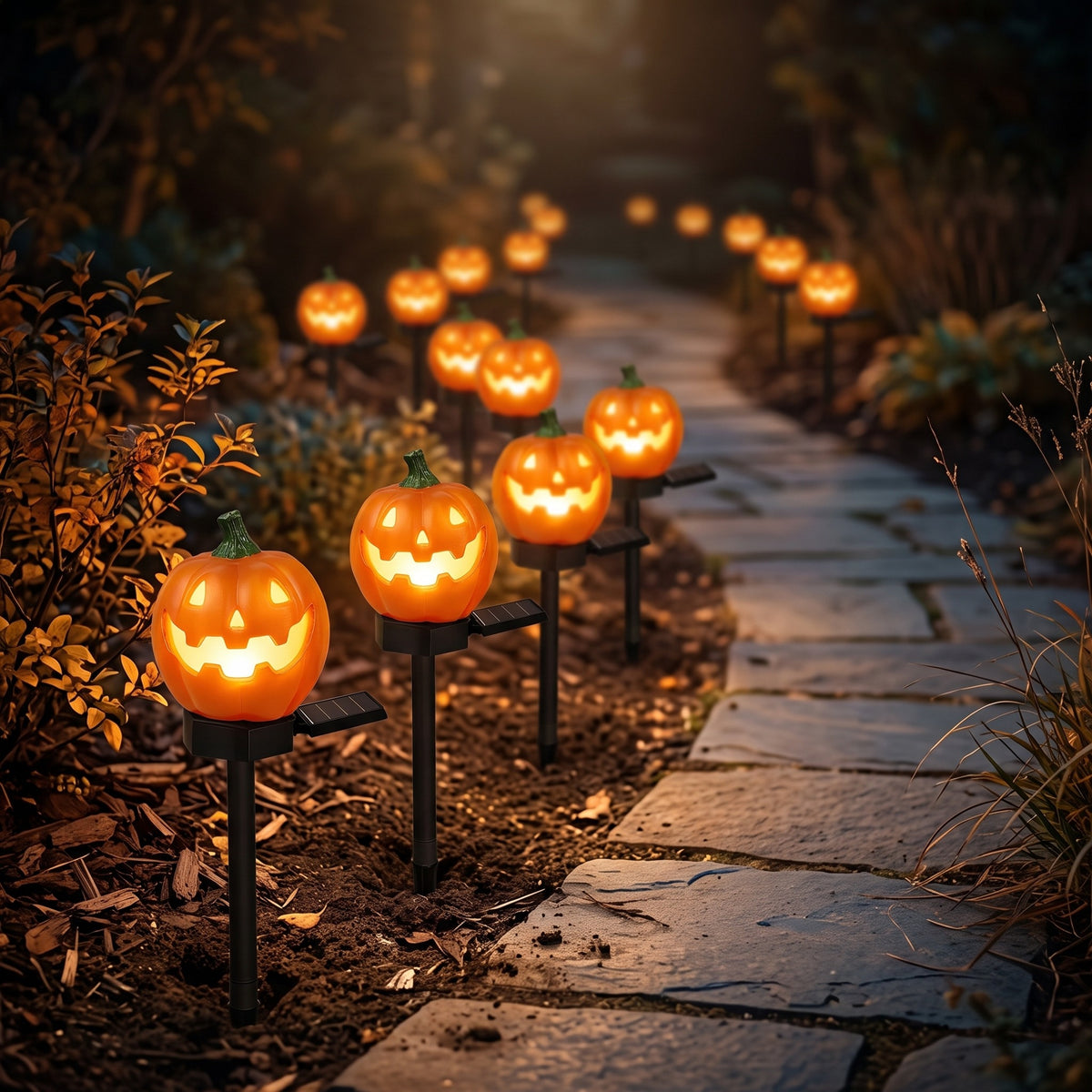 Solar pumpkin pathway lights glowing along a garden path at night