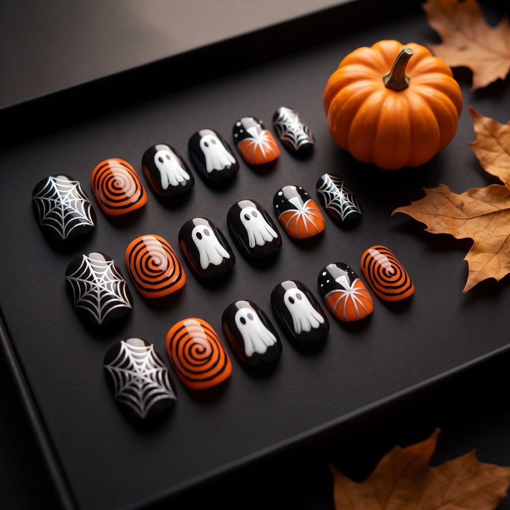 Orange and black pumpkin press-on nails laid out on a matte black surface