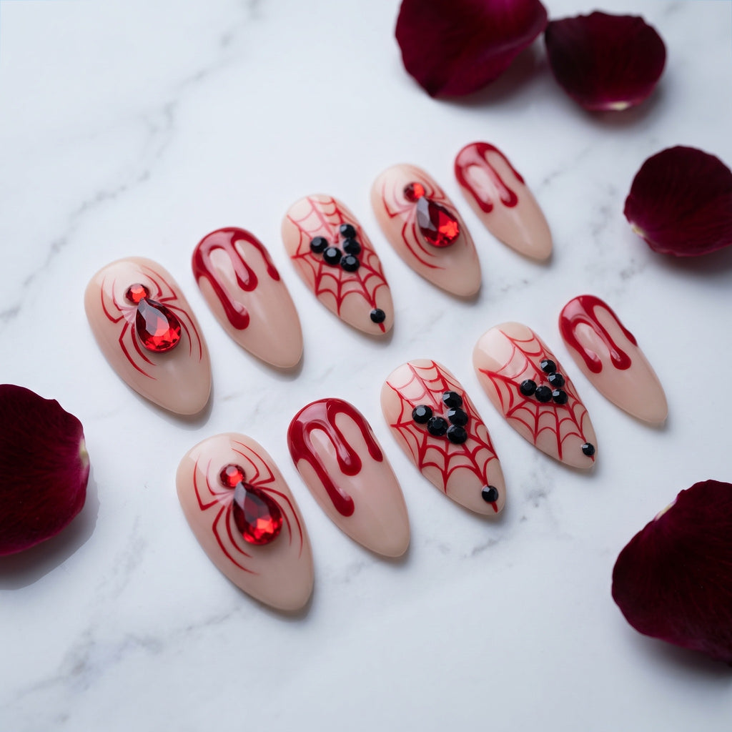 Nude press-on nails with red drip artwork arranged on white marble