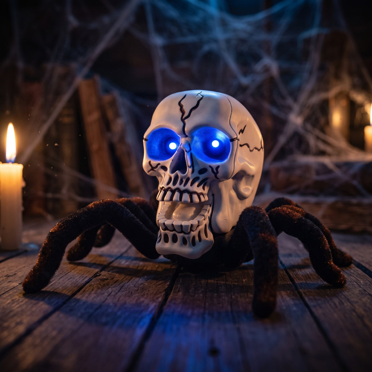 Skull spider with glowing blue eyes crawling across a dark wooden floor