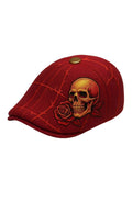 Gothic Flat Cap - Red with Gold Skull and Rose