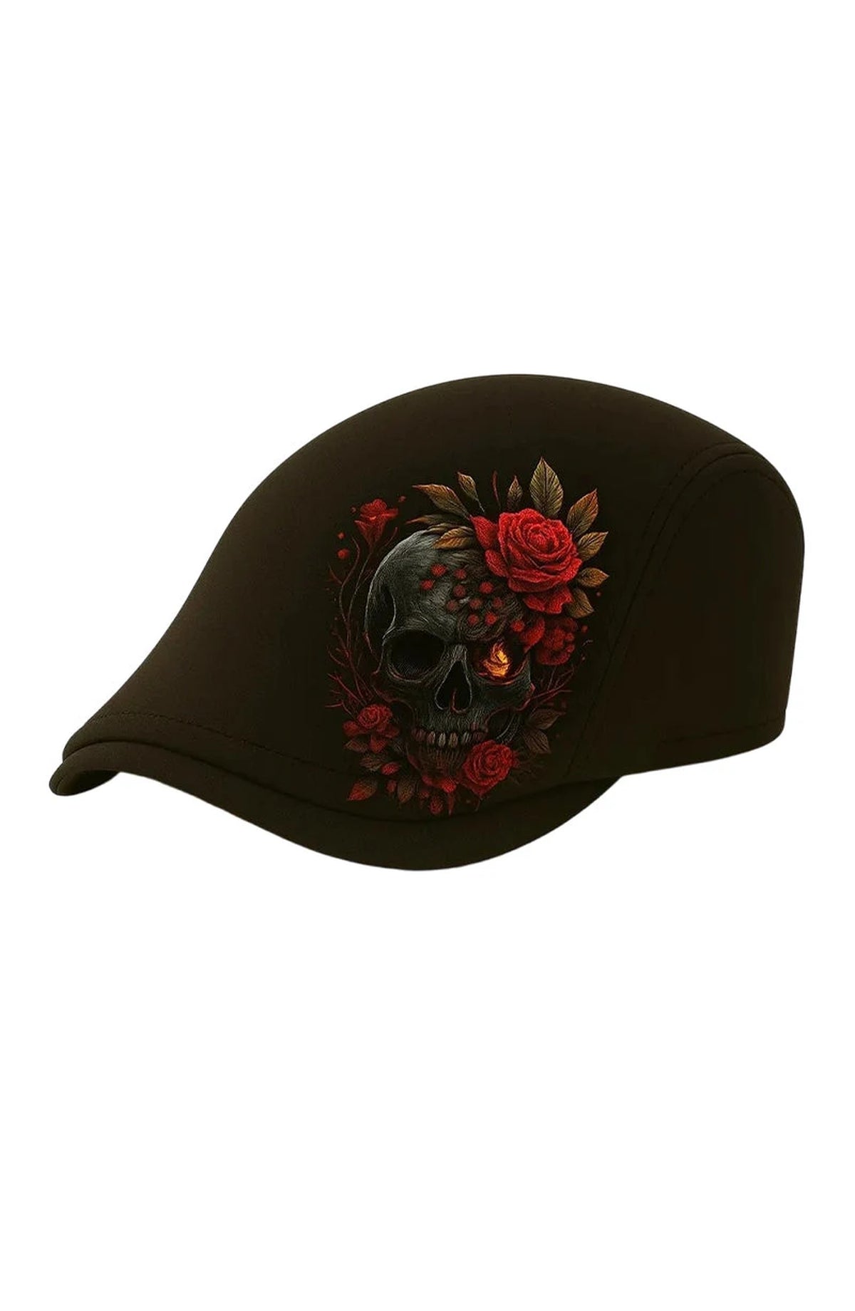 Gothic Flat Cap - Brown with Skull and Red Roses