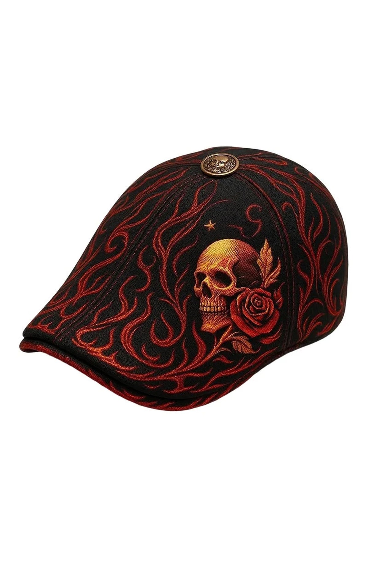 Gothic Flat Cap - Black with Red Flames and Gold Skull