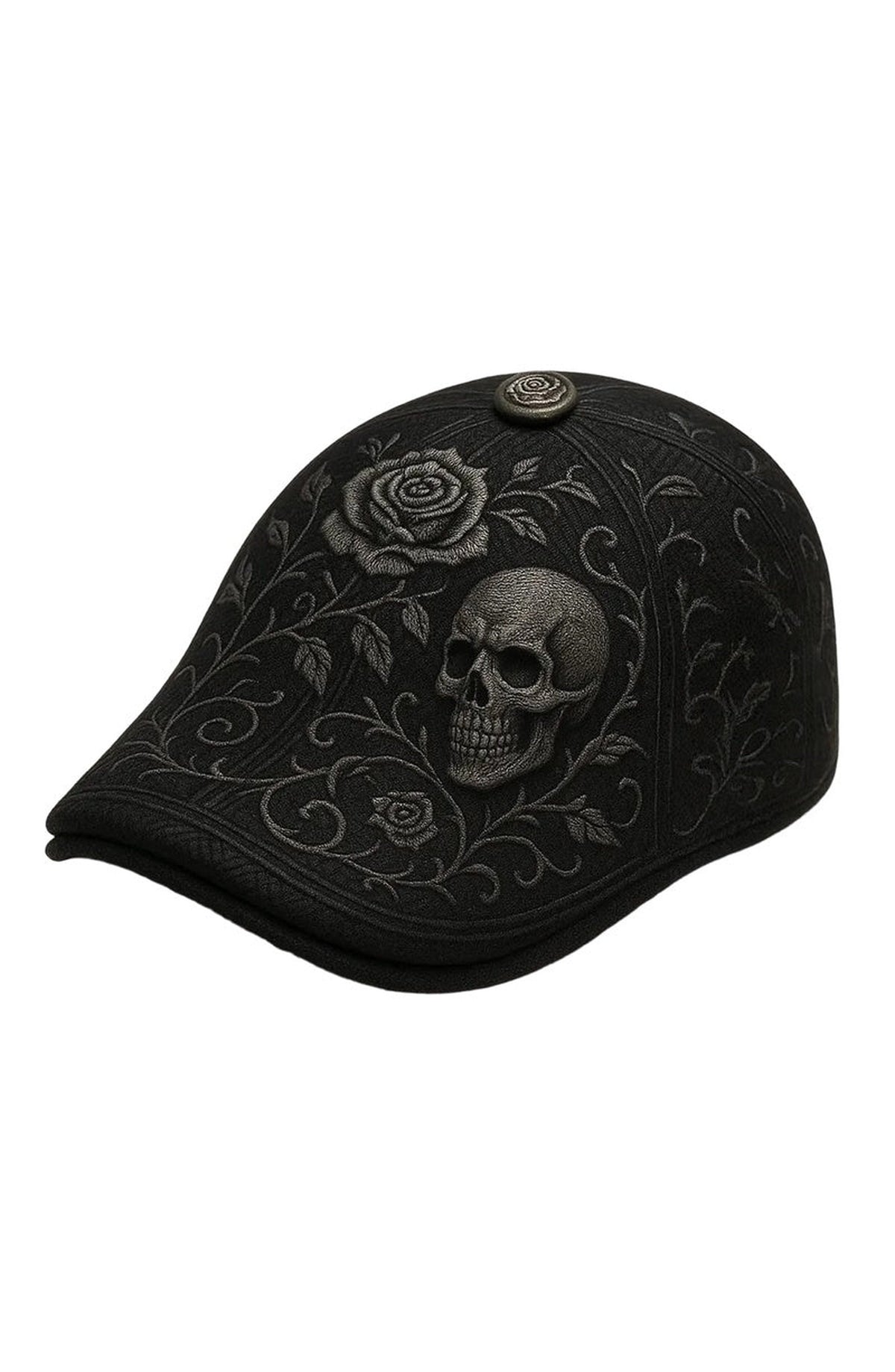 Gothic Flat Cap - Black with Grey Skull and Roses