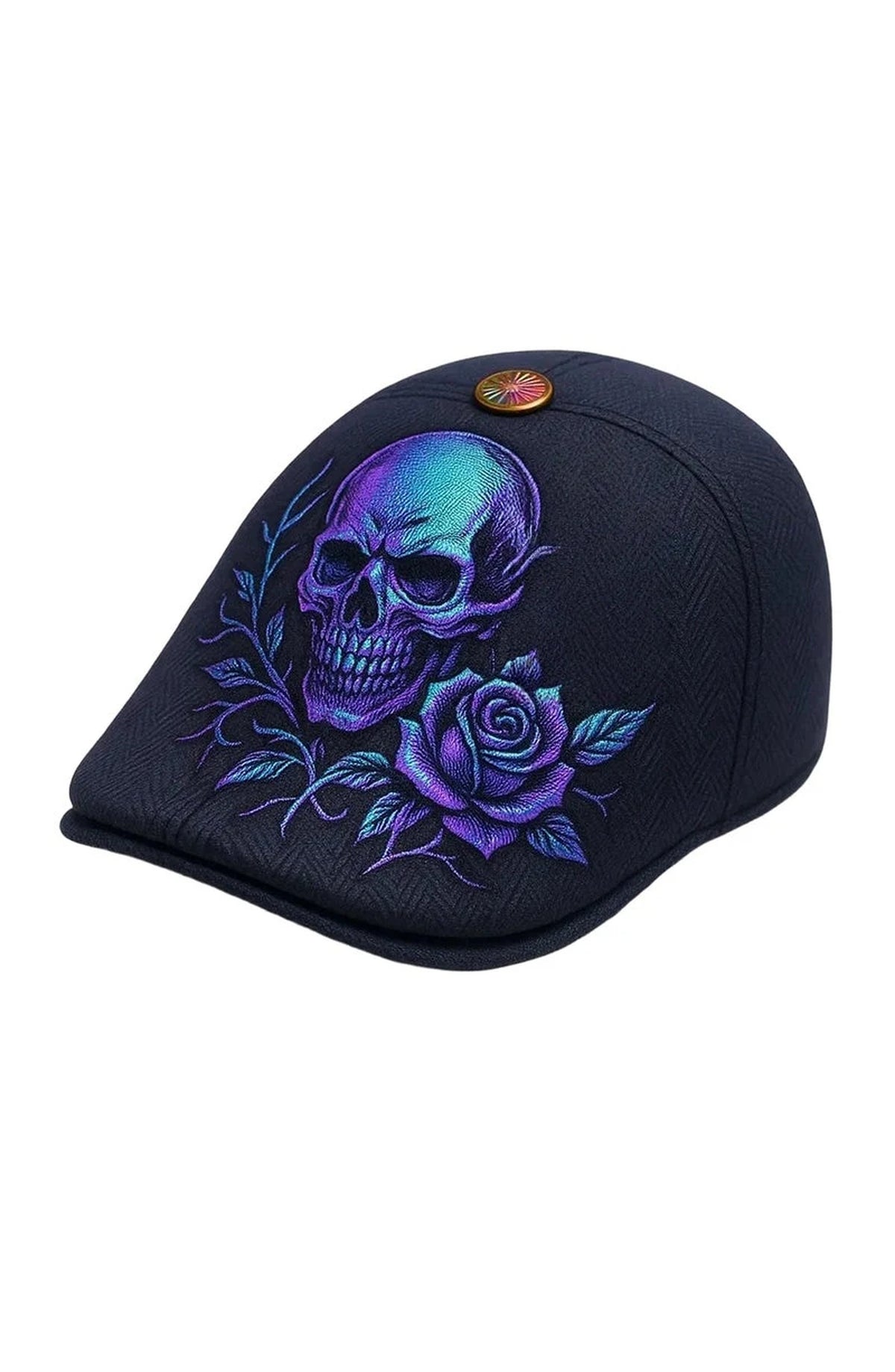 Gothic Flat Cap - Navy with Purple Skull and Rose