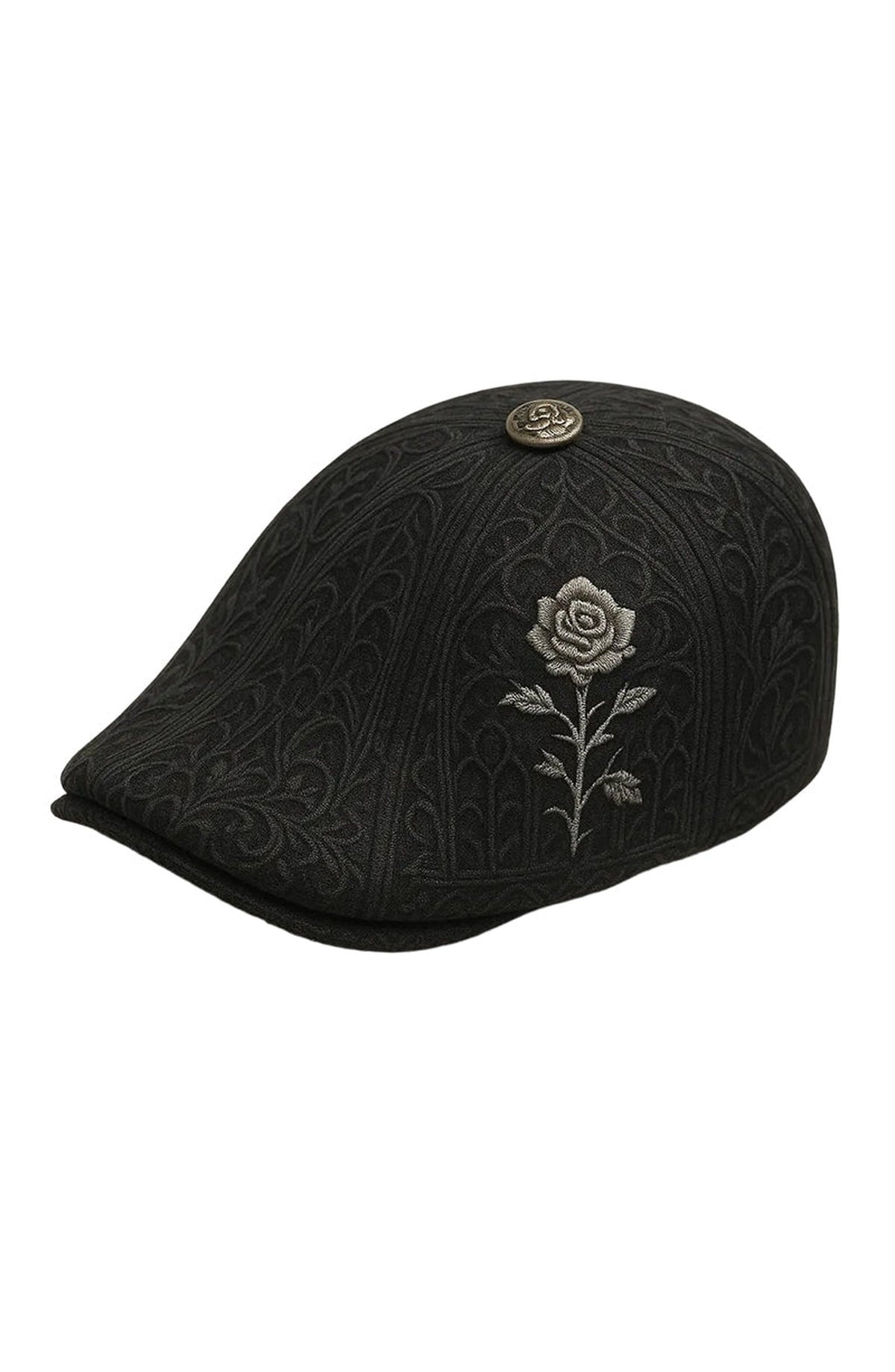Gothic Flat Cap - Black with Silver Rose
