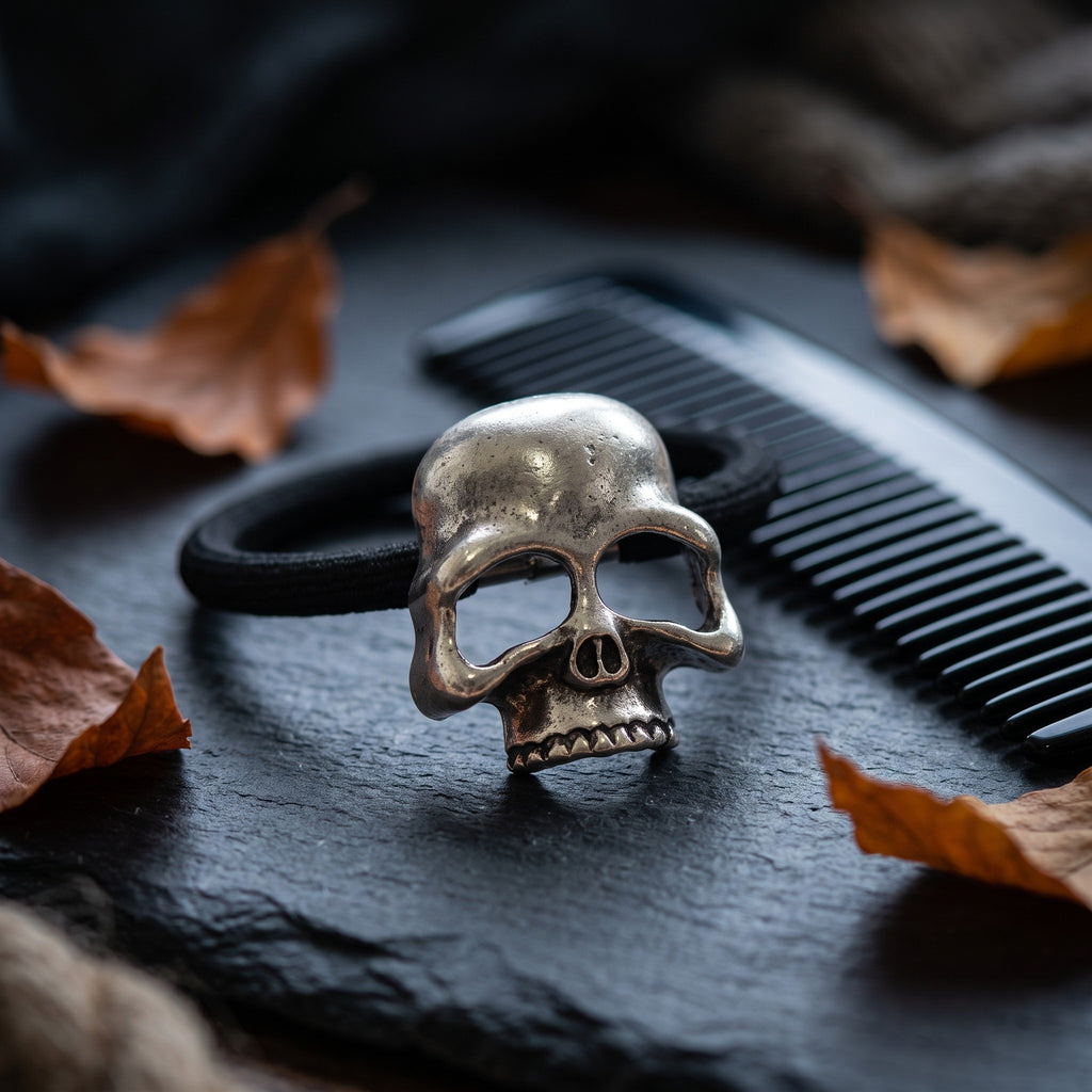 Elastic hair tie with a silver skull ornament on dark slate