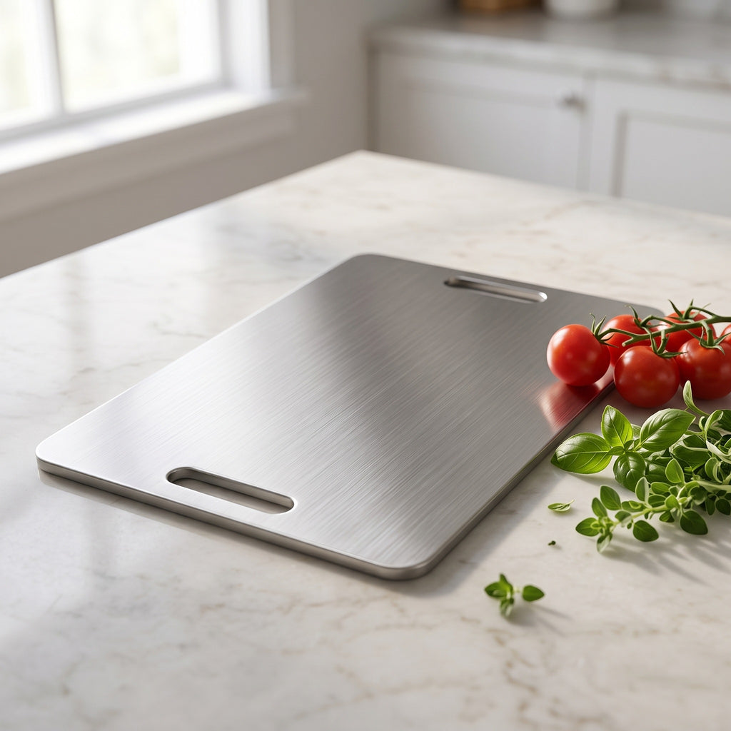 Brushed stainless steel cutting board on a stone counter with tomatoes and herbs