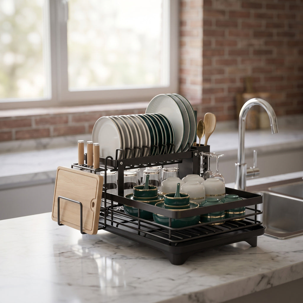 Black two-tier dish rack with plates and glasses on a marble counter