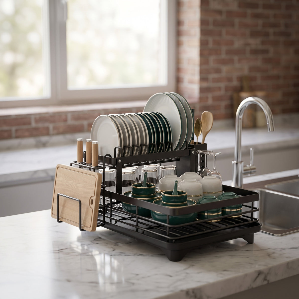 Black two-tier dish rack with plates and glasses on a marble counter