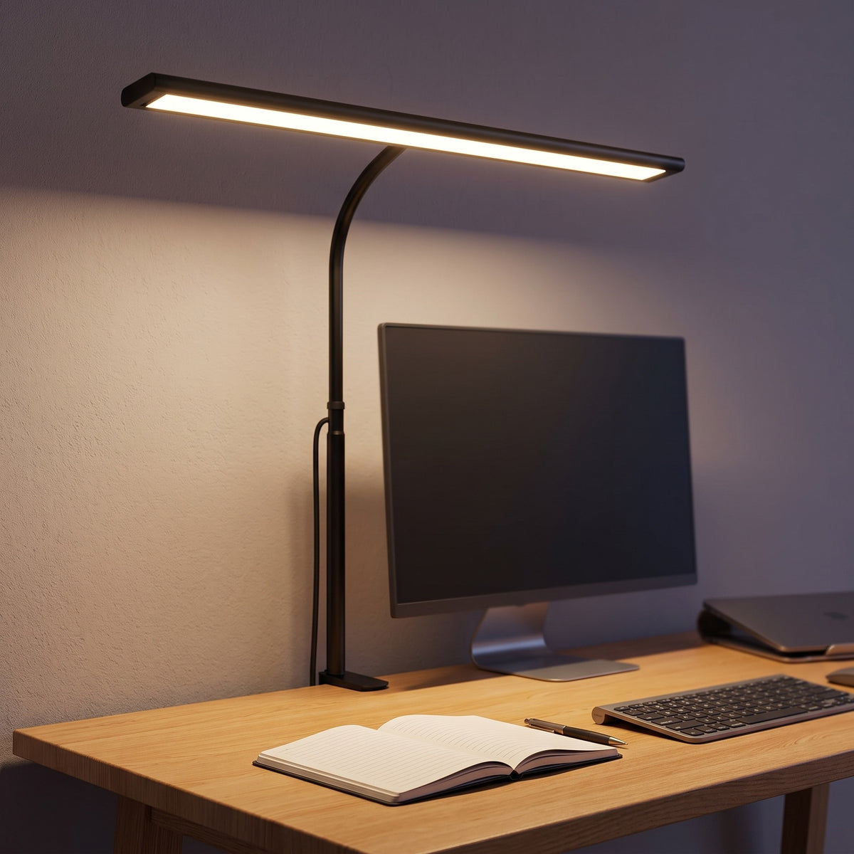 Ultra-wide LED desk lamp clamped to an oak desk, lighting a keyboard and notebook