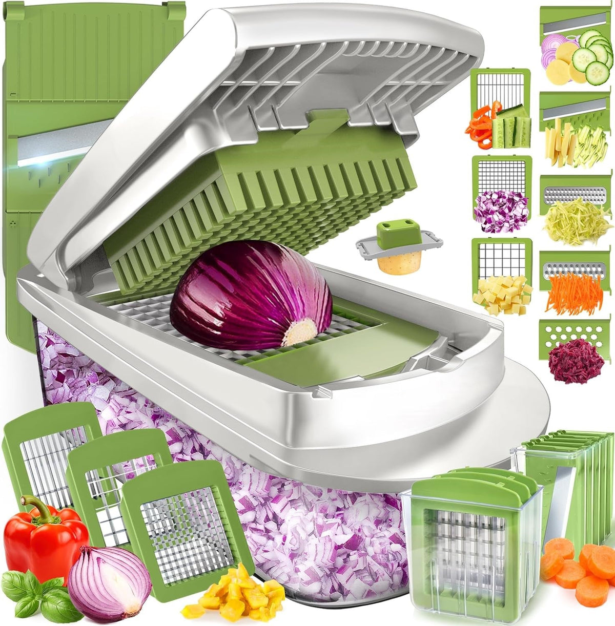 Vegetable Slicer with 8 Interchangeable Blades - Green