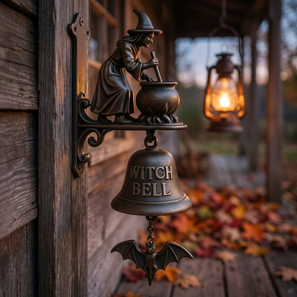 Cast iron witch door bell mounted on a wooden porch door frame