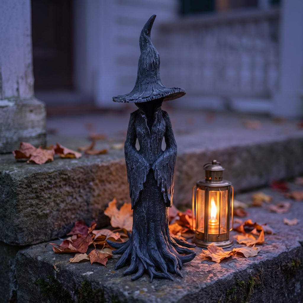 Resin witch statue standing on a weathered stone step at dusk