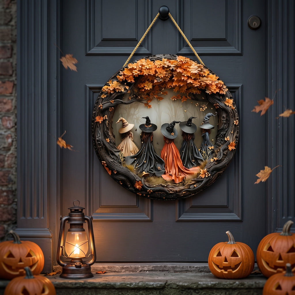Round wooden witch door sign hanging on a dark front door at dusk