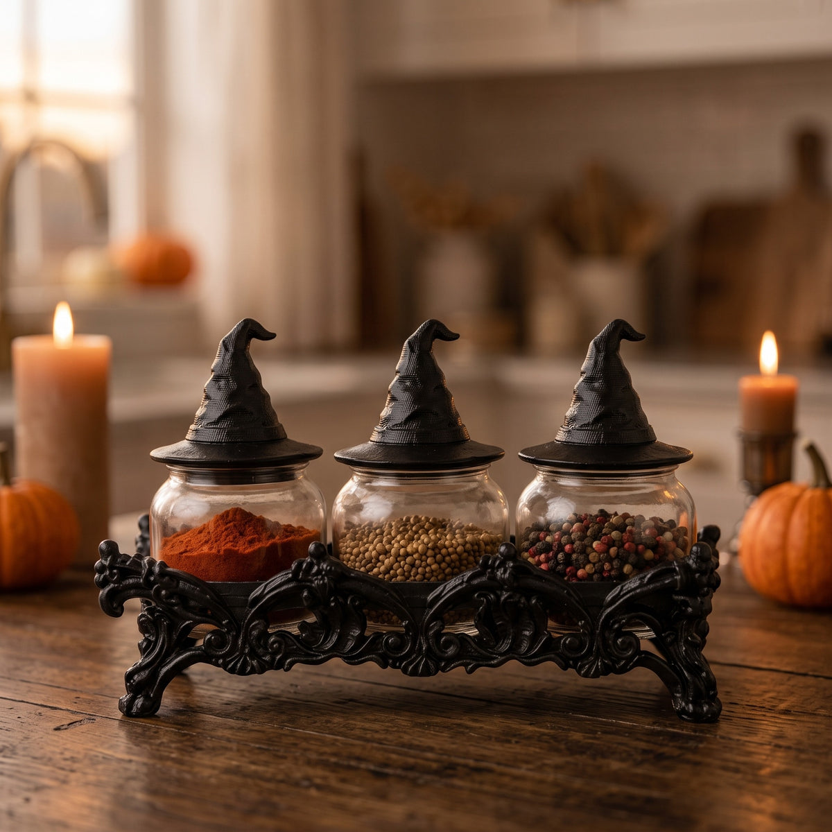 Three glass spice jars with witch hat lids in a black holder on a wooden counter