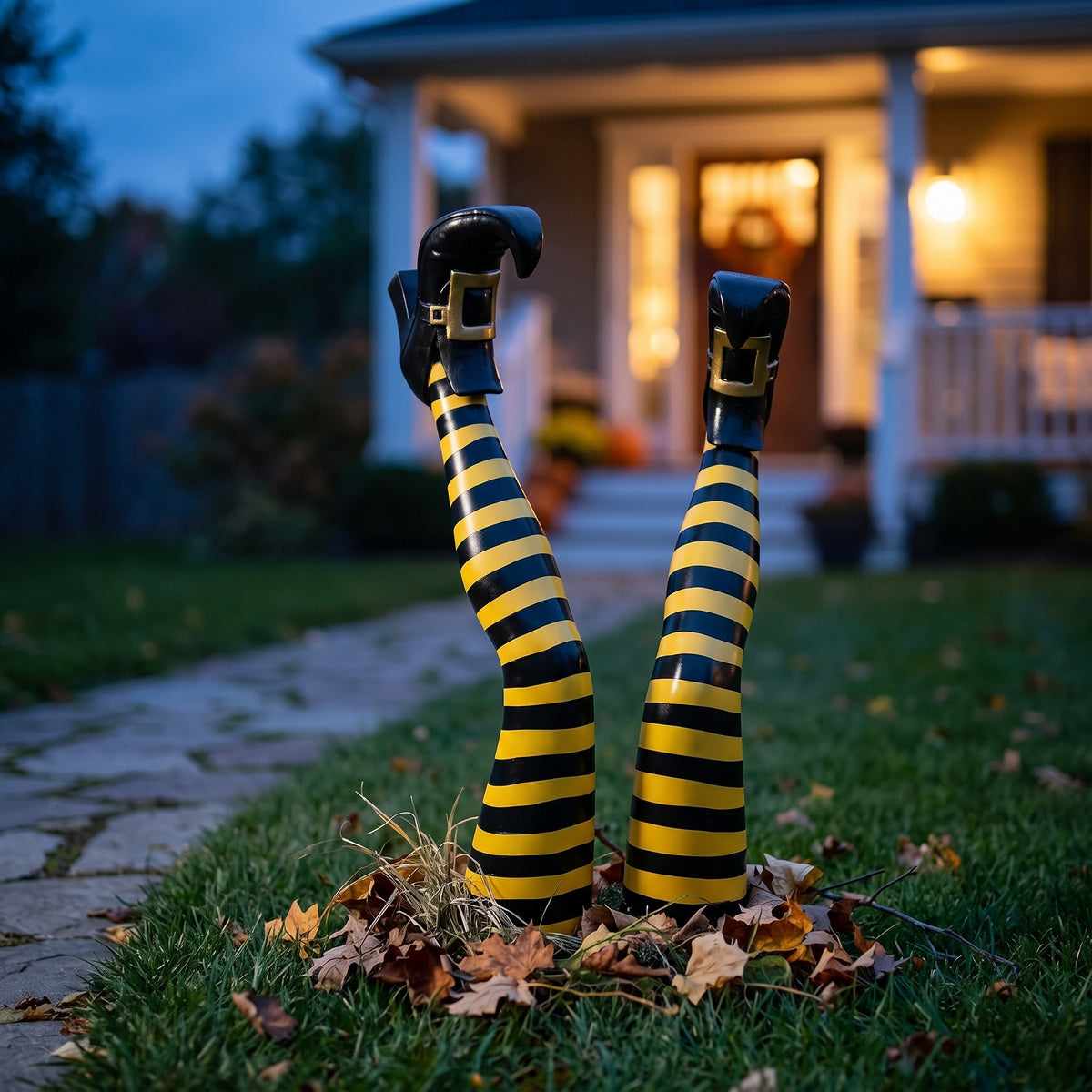 Yellow and black striped witch leg stakes planted in a lawn at dusk