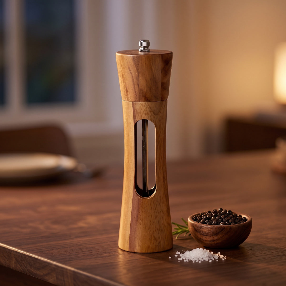 Wooden salt and pepper mill with a clear window on a dark wooden dining table